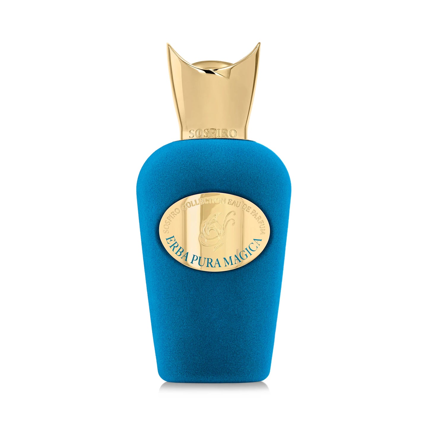 Parfum avec un flacon en velour bleu de la marque sospro
