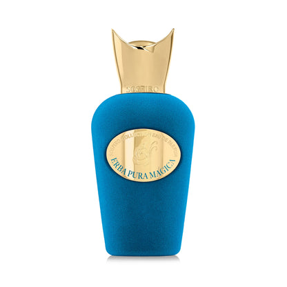 Parfum avec un flacon en velour bleu de la marque sospro